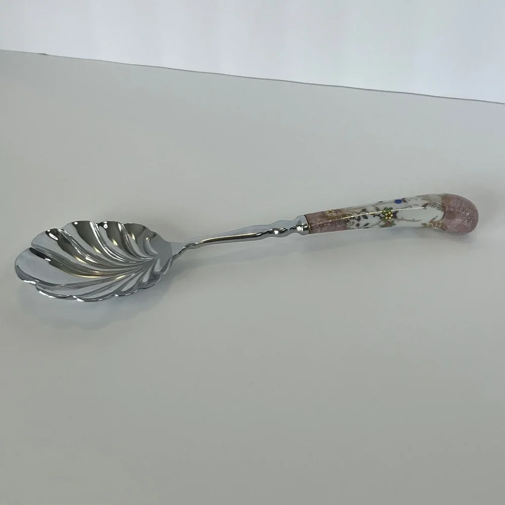 A E Lewis Co Shell Serving‎ Spoon Porcelain Floral Handle Silver Tone Vintage